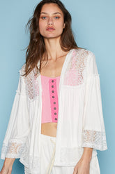 POL Women's Open Front Lace Detail Cardigan - Chic Oversized Fit with Bell Sleeves